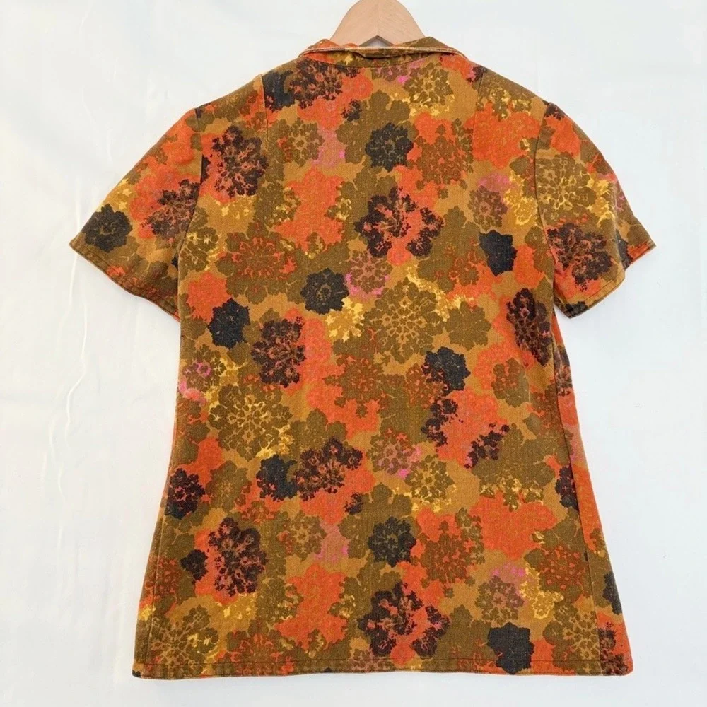 VTG Handmade 60s Floral Retro‎ Open Front Blouse Top Orange Brown Hippy Boho S